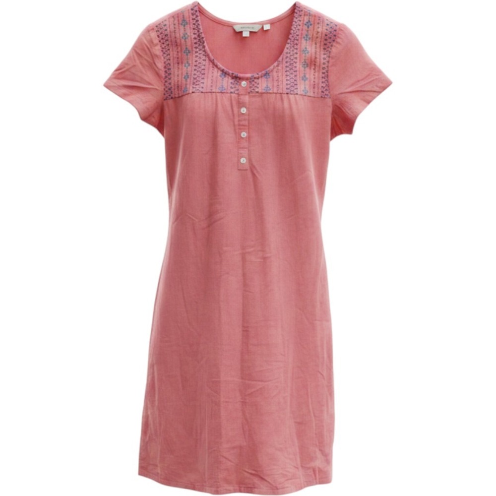 Avaasa Coral Pink Embroidered Henley Shift Dress Short Sleeve Size L Boho